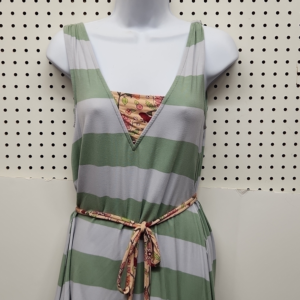 MATILDA Jane Full Length Dress Green Stripe With Floral Hem And Belt Accent Size